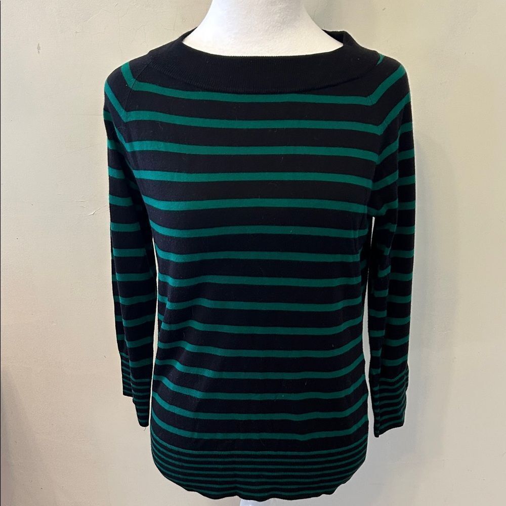 Talbots navy blue green striped long sleeve sweater Size S EUC